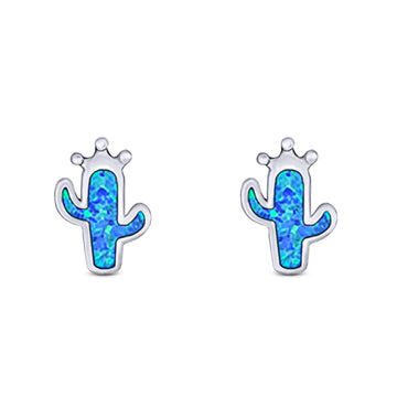 Cactus Stud Earring Created Blue Opal Solid 925 Sterling Silver (9.9mm)